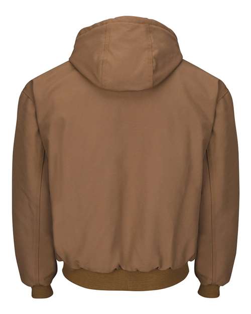 Men's Insulated Brown Duck Hooded Jacket with Knit Trim